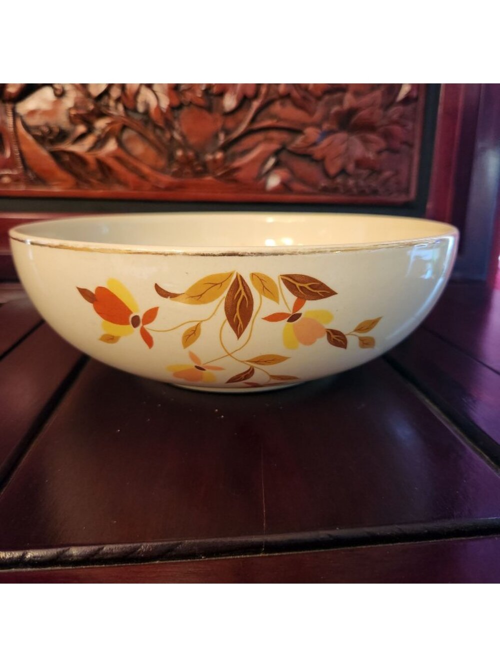 Vintage Floral Ceramic Serving Bowl With Autumn Leaf Design Cream Base 10" Diame